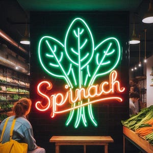 Enseigne néon led épinards. Enseigne LED pour restaurant d&#39;aliments sains. Décoration néon de marchands de légumes. Enseigne LED Marchés de fruits et légumes