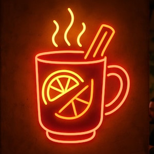 May include: A neon sign depicting a mug of hot beverage, likely mulled wine or cider, with a lemon slice and cinnamon stick. The sign glows with a warm red and yellow light, suggesting a cozy atmosphere. The background is a dark brown.