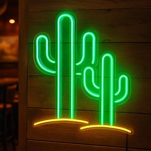 May include: A neon sign featuring two green cactus shapes with yellow bases, mounted on a wooden wall. The neon lights create a bright, eye-catching display, perfect for a bar or restaurant.