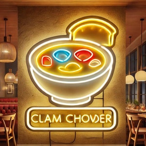 Clam Chowder LED Neon Sign. Restaurant Decor. Seafood Led Sign. Dish with Shellfish Decor