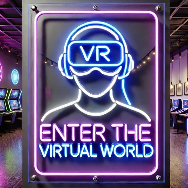 Insegna al neon personalizzata VR Club. Entra nel mondo virtuale, avventura spaziale, corse VR, il futuro è adesso, decorazione da parete VR Battle