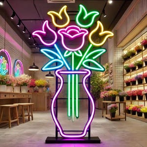 Könnte beinhalten: Neon-Schild mit einem Blumenstrauß in einer Vase. Die Blumen sind rosa, gelb und grün. Die Vase ist lila und grün. Das Schild steht auf einem schwarzen Sockel.
