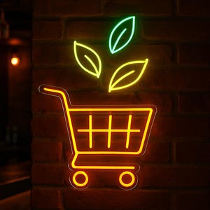 Neonreclame Eco Shop. Recyclingneonreclame, navulpot, zon, aarde, shopper met eco-producten, led-decor met winkelwagen