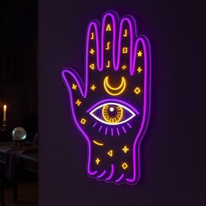 Placa de neon para quiromancia. Decoração LED para escritório com quiromancia. Decoração LED para adivinhação.