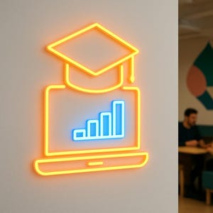 May include: A neon sign depicting a laptop with a graduation cap above it and a bar graph on the screen. The sign is outlined in yellow and orange, with blue accents on the graph. The sign is mounted on a white wall.