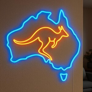Letrero LED de canguro. Letrero de neón con el mapa de Australia. Letrero luminoso para sala de estar.
