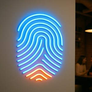 May include: A neon fingerprint design in blue and orange is mounted on a white wall. The fingerprint is illuminated, with the top portion in blue and the bottom in orange. The background is blurred, showing a restaurant setting.