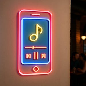Puede incluir: Letrero de neón con forma de smartphone con interfaz de reproductor de música. El letrero tiene un contorno rojo, una pantalla azul e iconos amarillos de notas musicales y control. Montado en una pared beige.