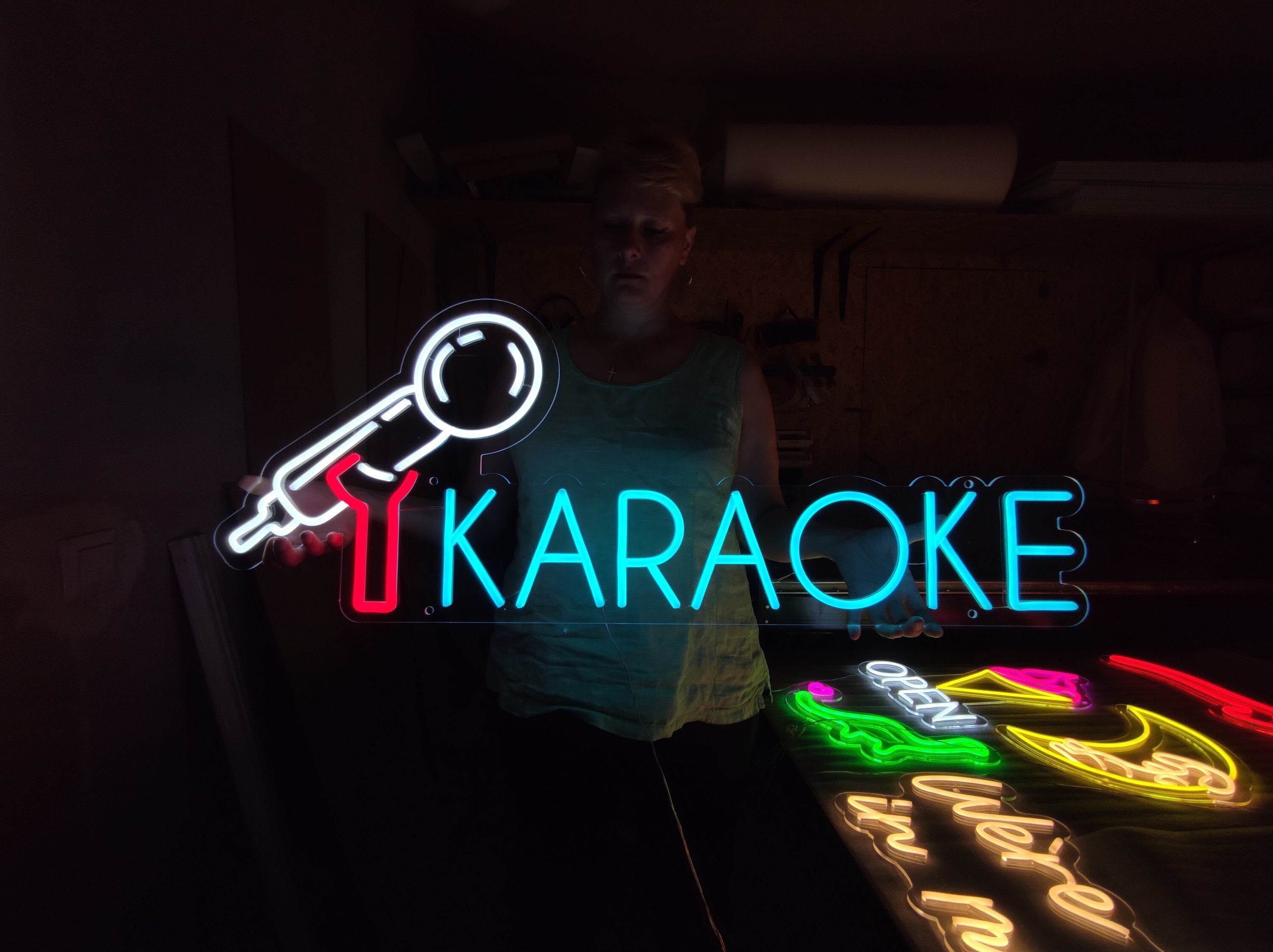 Karaoke Night Neon Signboard Microphone In Frame Talent Show