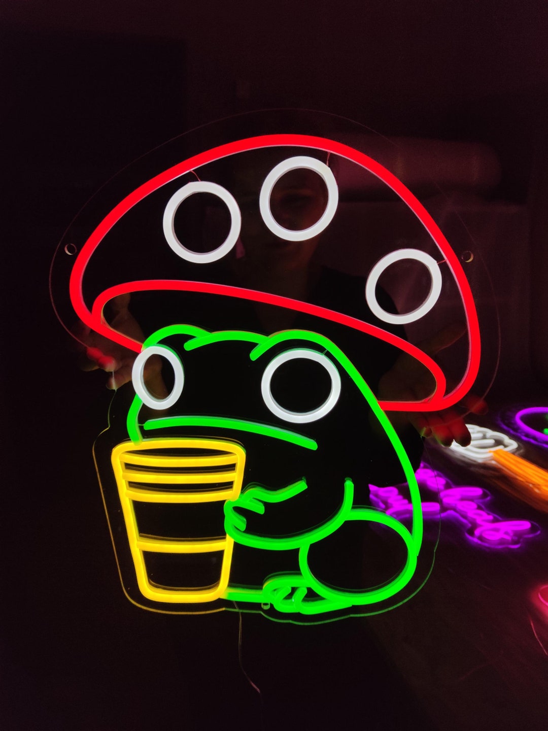 Led Frog Sign Frog With Coffee Neon Sign: Light up Your Room or Cafe. Mushroom Led ...