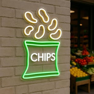 Chips neon sign, crisps led light, potato chips bag neon light, chips pocket light sign, fast food led sign