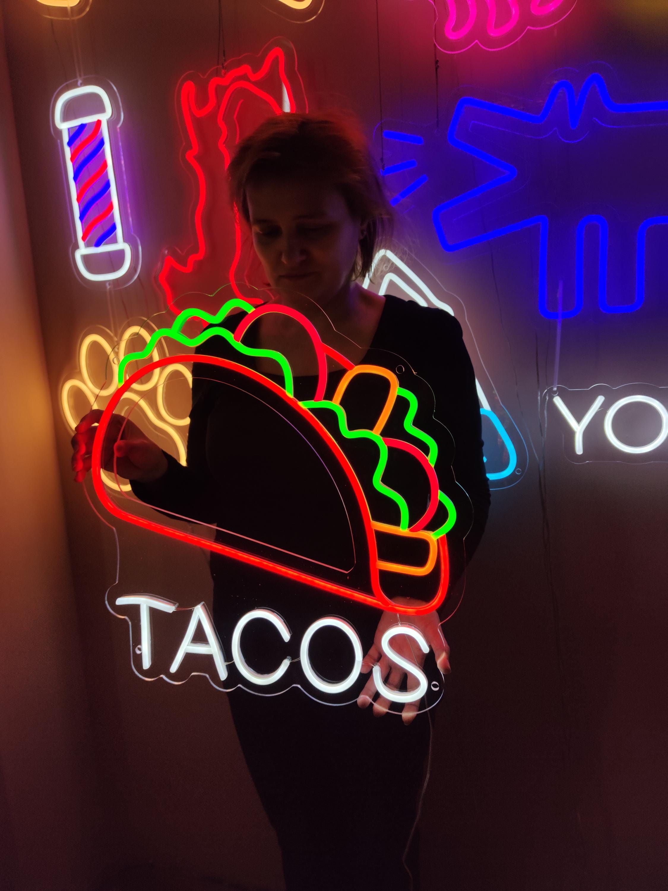 タコスのネオンサイン、タコスの LED ライト、メキシコ料理のネオン