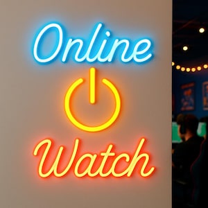May include: A wall-mounted neon sign with the words "Online" in blue, a yellow power symbol, and the word "Watch" in red. The sign is on a light-colored wall.