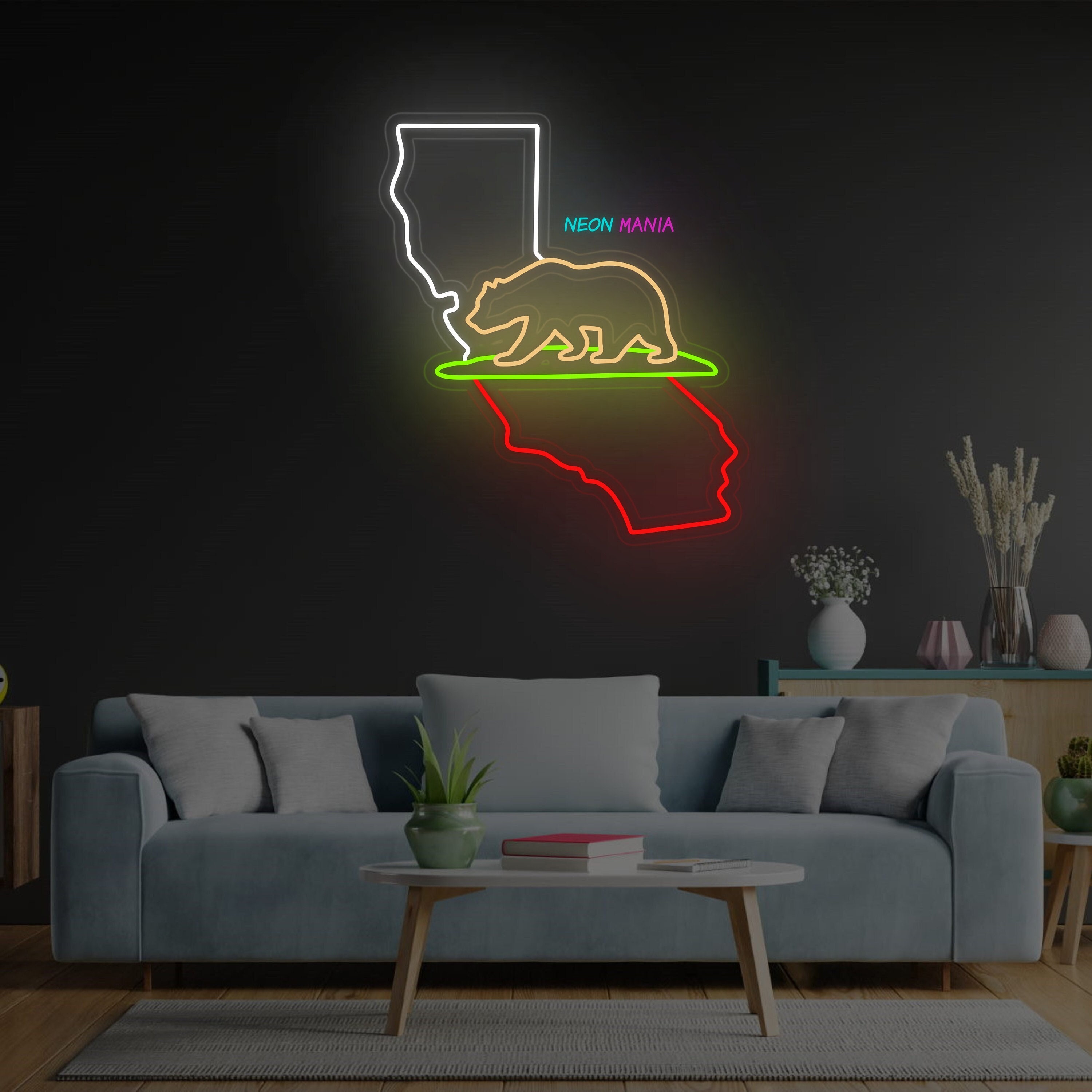 California Map Neon Sign: State in the Western United States. Custom California Bear led light for Home Decor