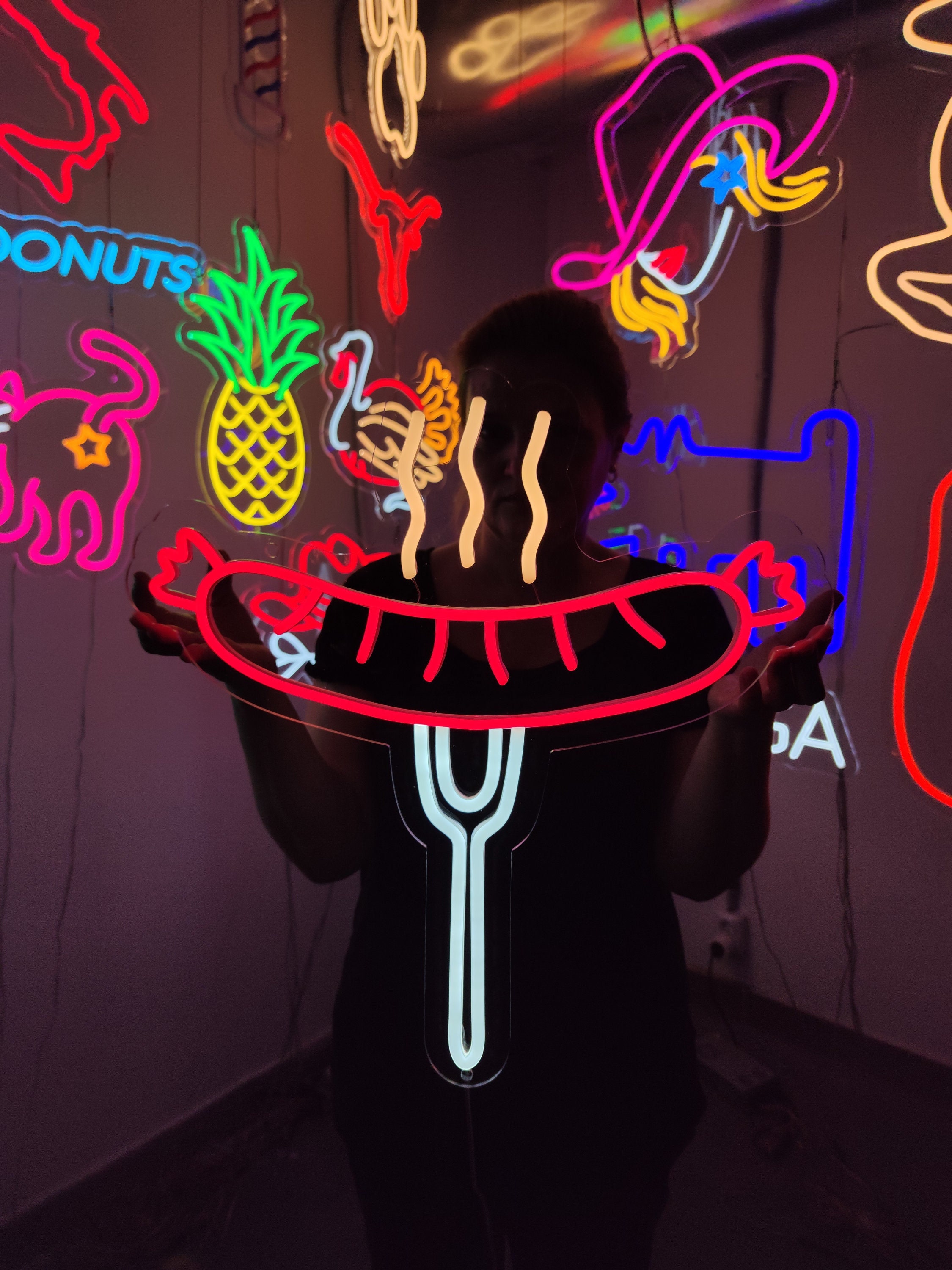 Grilled sausage neon sign, sausage on a fork neon light, meat led light, custom barbecue led sign, cookery BBQ sign