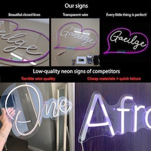 May include: Comparison of neon signs. The top row shows high-quality signs with clear lines and a transparent wire. The bottom row shows low-quality signs with a thick, opaque wire and uneven lines. The text on the signs reads "Gaeilge" and "One" and "Afro".