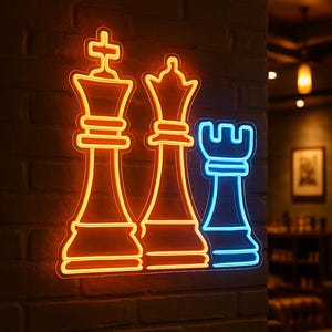 Chess Neon Sign. Chess Pieces, Piece Combinations, Chess club, Chess classes, Chess tournament. LED Chess Club Decor.