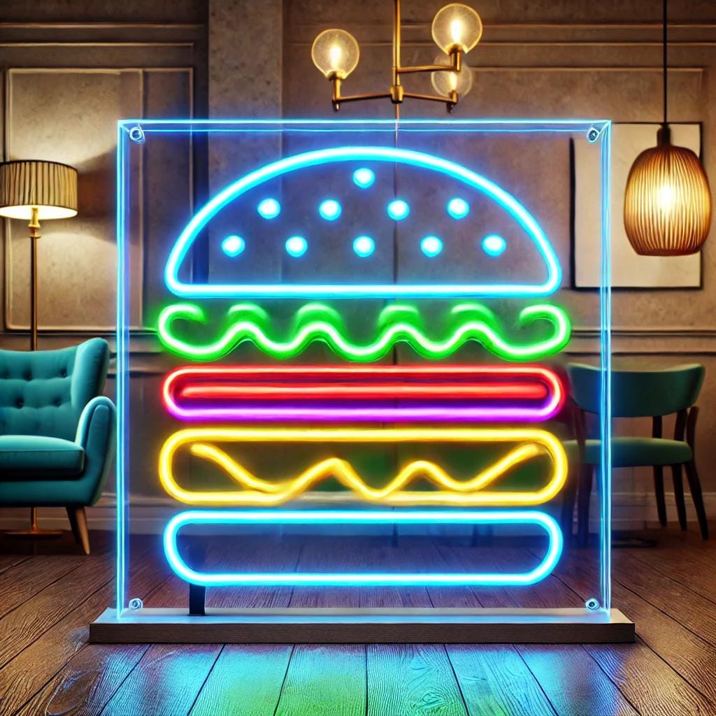 Custom Fast Food Neon Sign. Hamburger, French Fries, Hot Dog, Chicken Nuggets, Tacos LED Decor.