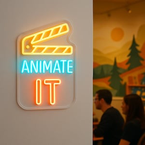 Puede incluir: Un letrero de neón con forma de claqueta de cine. El letrero tiene luces de neón amarillas, azules y naranjas. Las palabras "ANIMATE IT" se muestran en el centro del letrero.