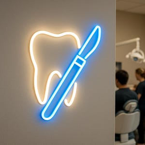May include: A neon sign featuring a tooth and a scalpel. The tooth is outlined in a warm yellow, while the scalpel is a bright blue. The sign is mounted on a neutral gray wall, suggesting a dental office.