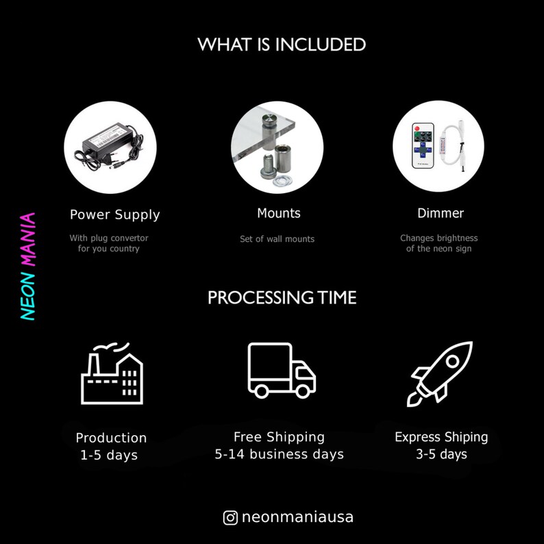 May include: A diagram showing what is included with a neon sign purchase. The items included are a power supply, mounts, and a dimmer. The diagram also shows the processing time for production, free shipping, and express shipping.