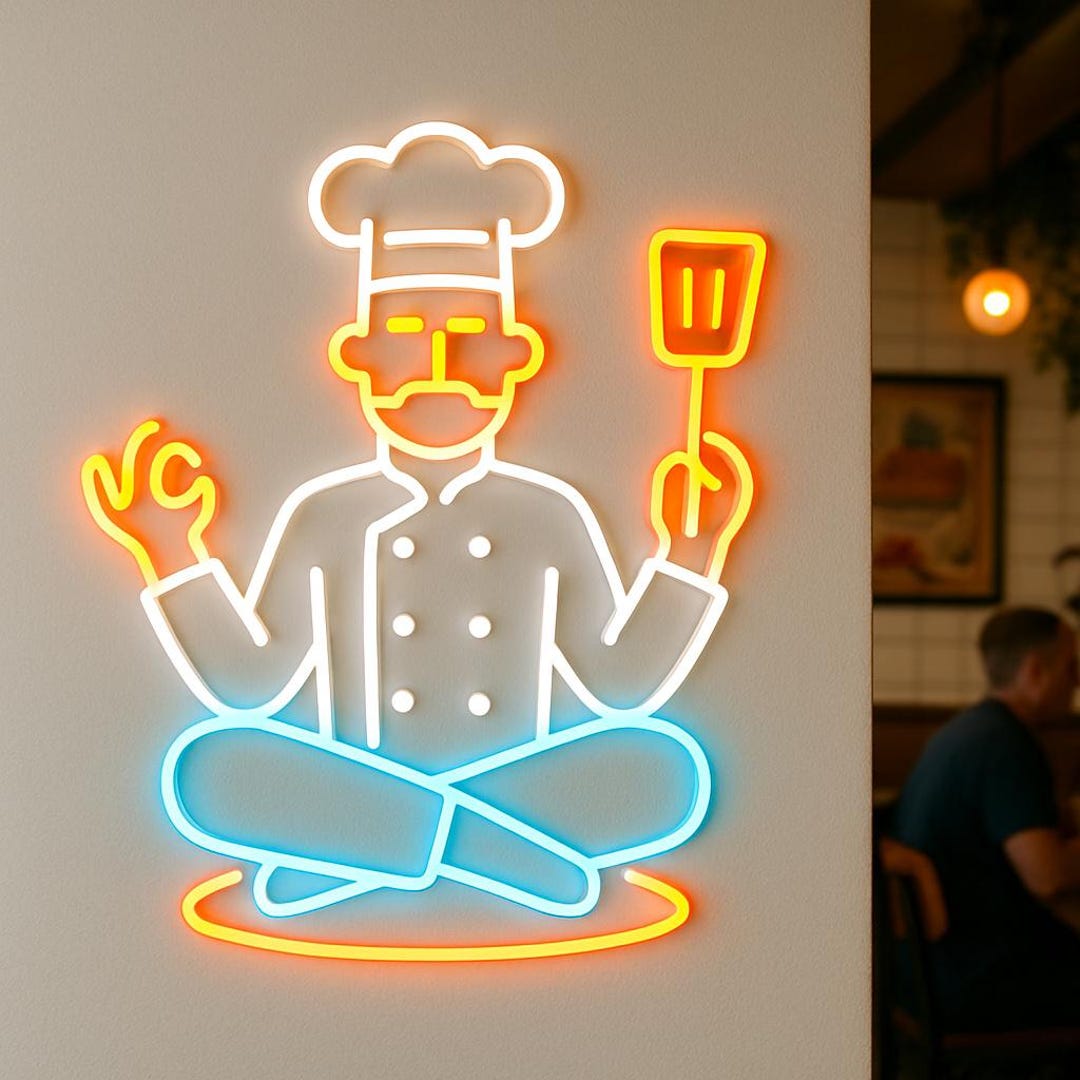 Chef in Meditation Pose With Shovel Neon Sign. Restaurant Light. Bistro ...