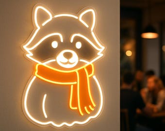 Raccoon neon sign, cute raccoon light sign, custom animal led neon, nursery decor led light, kids room decor