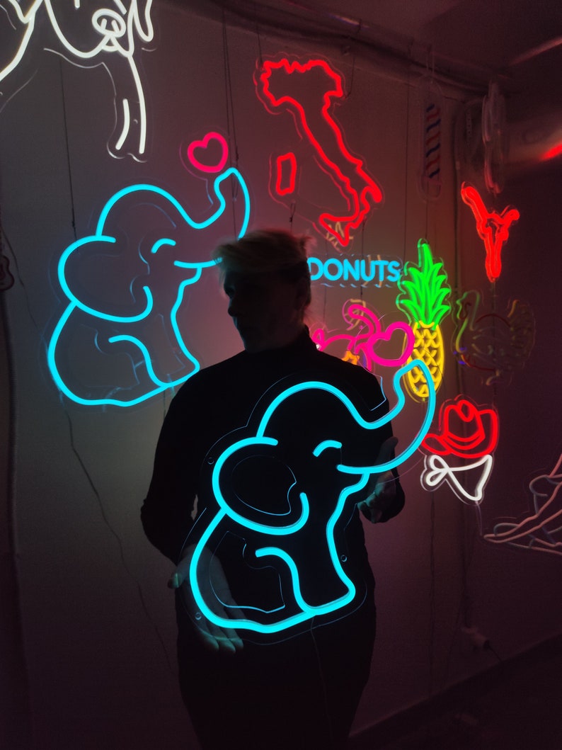 Blue Elephant Sign Elephant Neon Sign, Cute Baby Elephant Light Sign, Animal Baby Led Neon ...