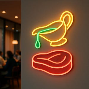 Steakhaus Restaurant Leuchtreklame. Steak mit Sauce Light. Lebensmittel Led Schild. Steak mit Kartoffelpüree Neon Decor. Steak mit Garnelen LED Dekor