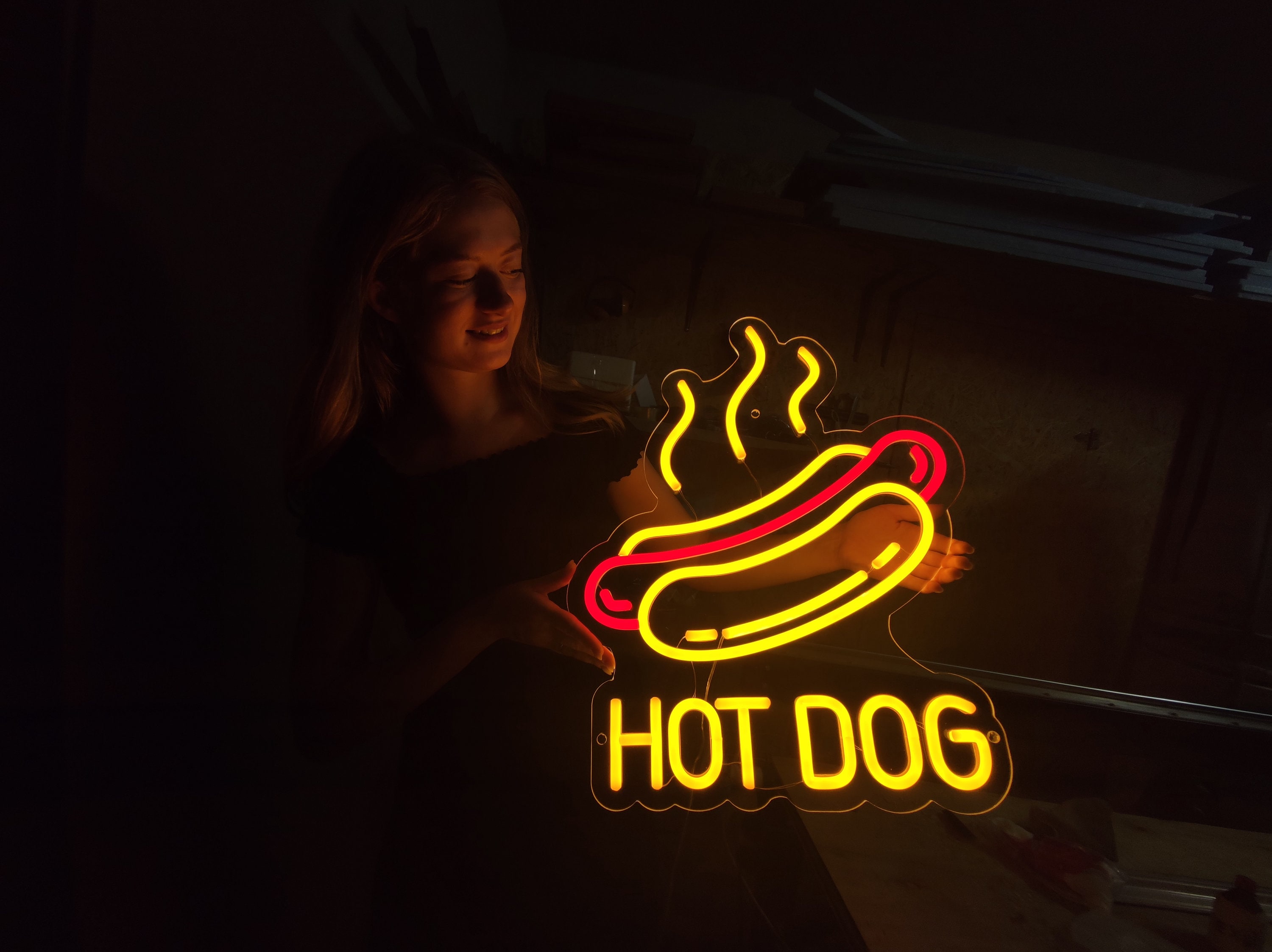 ホットドッグのネオンサイン、ファストフードのLEDネオン、ストリート 