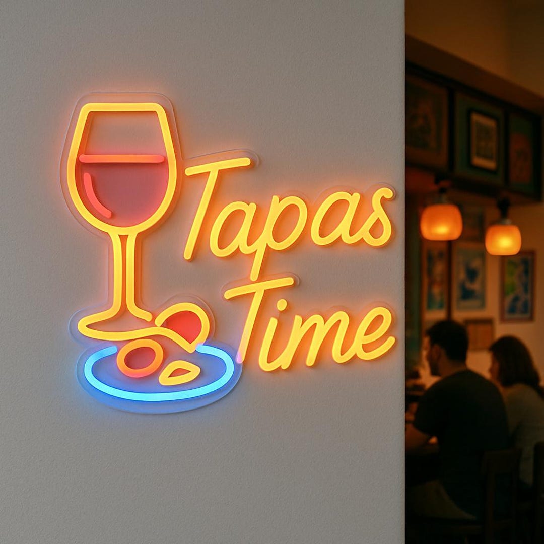 Tapas Bar Neon Sign. Spanish Cuisine Restaurant Light. Glass of Wine ...
