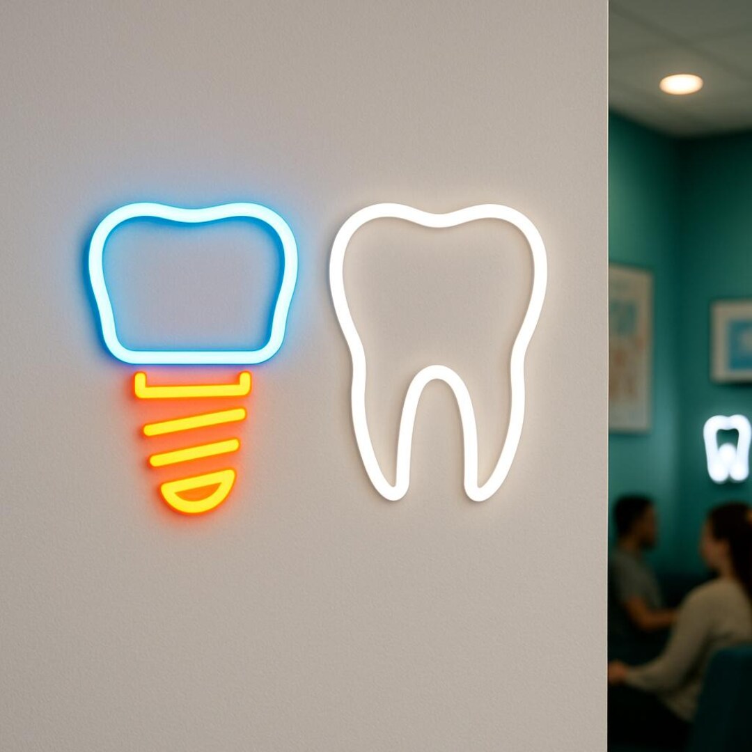 Dental Implant and Healthy Tooth Neon Sign. Implantology Clinics Light ...