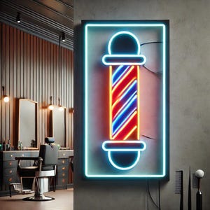 Può includere: Un cartello al neon con un designo a forma di palo da barbiere rosso, bianco e blu. Il cartello è in una cornice nera ed è montato su una parete grigia.