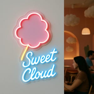 Neonreclame Cotton Candy Shop. Caféverlichting. Led-bordje suikerspin op een stokje. Neondecor 'Sweet Cloud'.