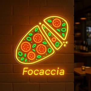 Focaccia Bread Neon Sign. Flat leavened oven-baked Italian bread Led Sign. Bakery Light Sign. Bread Neon Decor.