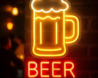 ビールのネオンサイン。バーのLED装飾。泡ネオンサイン付きビール