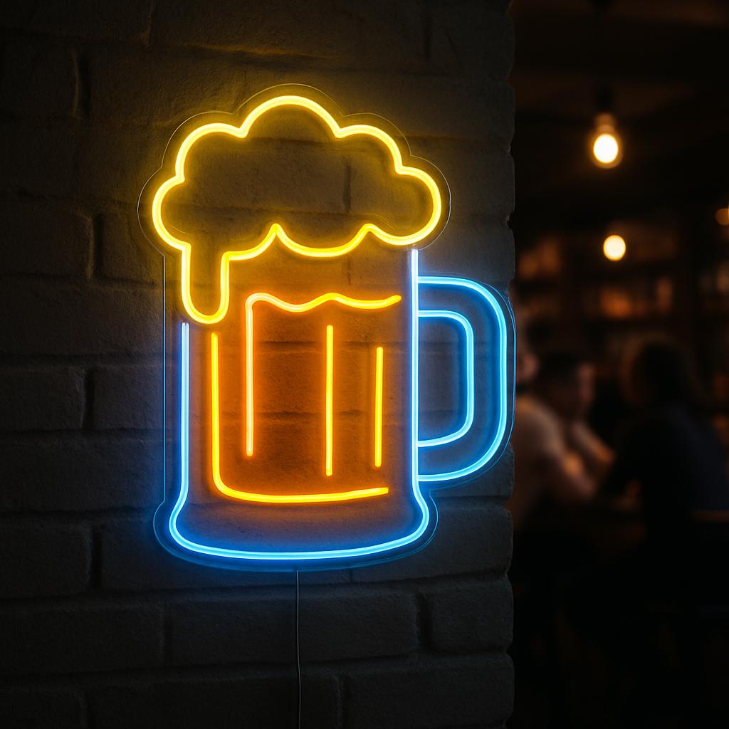 ビールのネオンサイン。バーのLED装飾。泡ネオンサイン付きビール