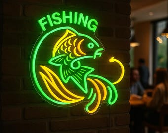 釣りネオンサイン。漁師と魚のLEDサイン。釣り店のネオン装飾。 - Etsy