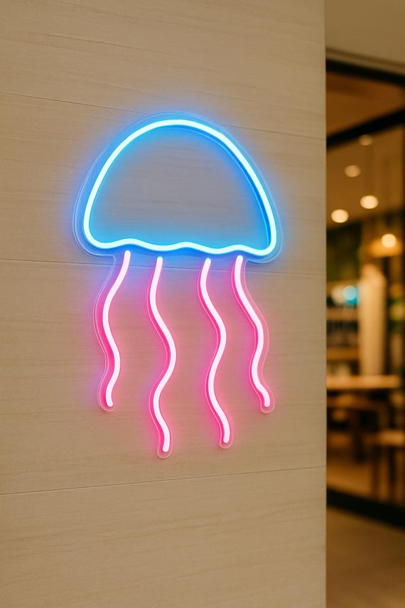 クラゲのネオンサイン。カスタムメイドの魚のLEDサイン。海の動物のLED