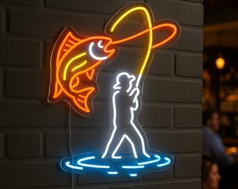 釣りネオンサイン。漁師と魚のLEDサイン。釣り店のネオン装飾。 - Etsy