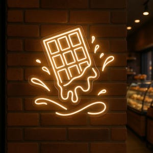 Könnte beinhalten: Ein Neon-Schild, das eine schmelzende Schokoladentafel mit Tropfen zeigt, umgeben von einem wellenförmigen Design. Das Schild ist an einer Backsteinwand montiert.
