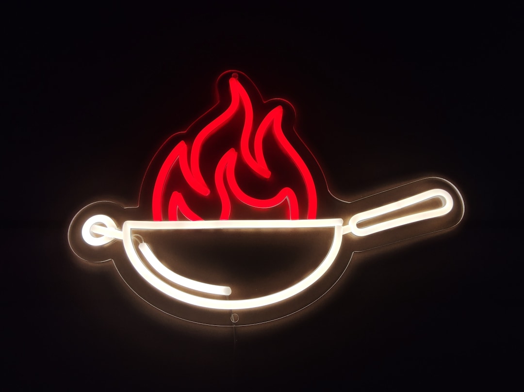 Frying Pan Neon Sign, Wok With Fire Neon Light, Flame Led Light