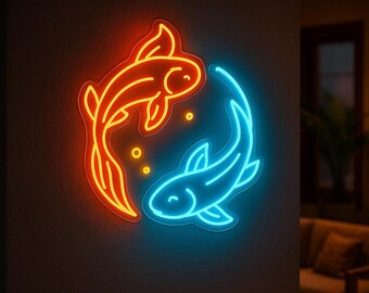 鯉のネオンサイン。日本の魚のLEDライト。鯉のネオン。幸運の魚の
