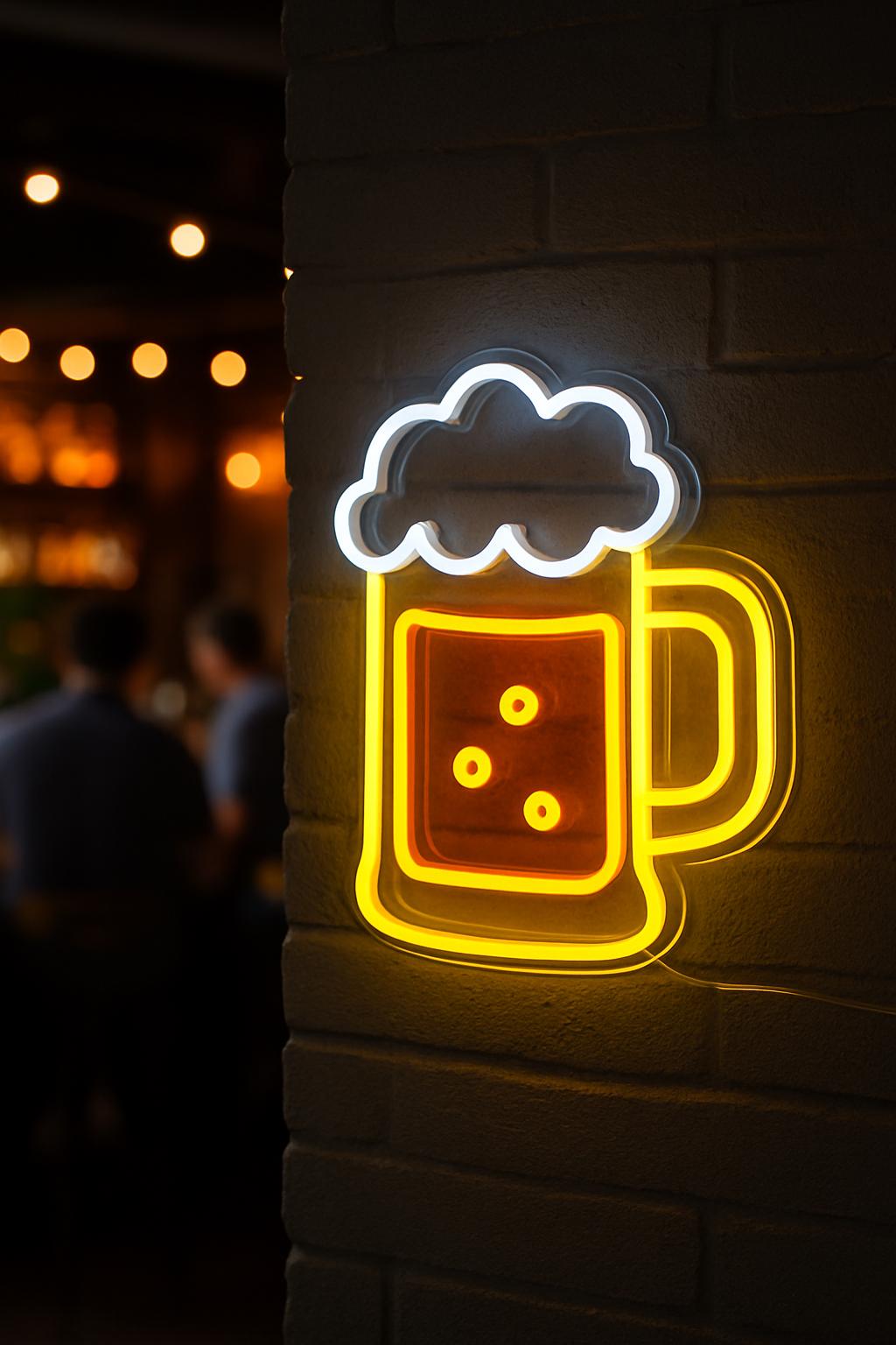 ビールのネオンサイン。バーのLED装飾。泡ネオンサイン付きビール
