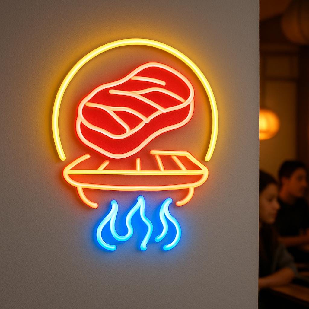 日本の焼肉店のネオンサイン。日本のBBQレストランの照明付き。グルメ