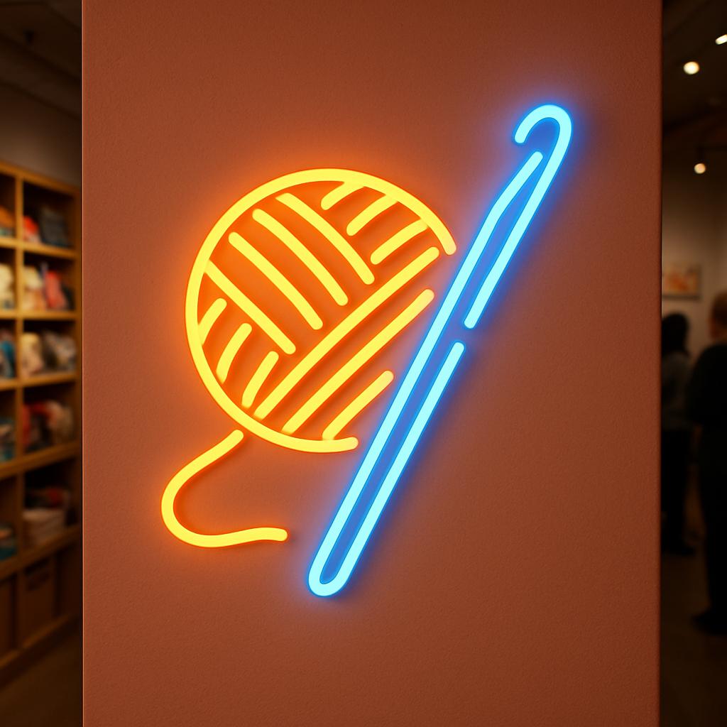 Skein of Thread and Crochet Hook Neon Sign. LED Decor for Handmade