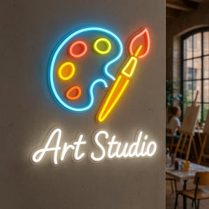 Art Studio Neon Sign. Art Studio and Paintbrush Neon Sign. Art Paint brush and Palette LED Decor. Art Gallery Neon Decor.