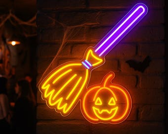 魔女のほうきネオンサイン。ハロウィンライト。テーマパーティーLED