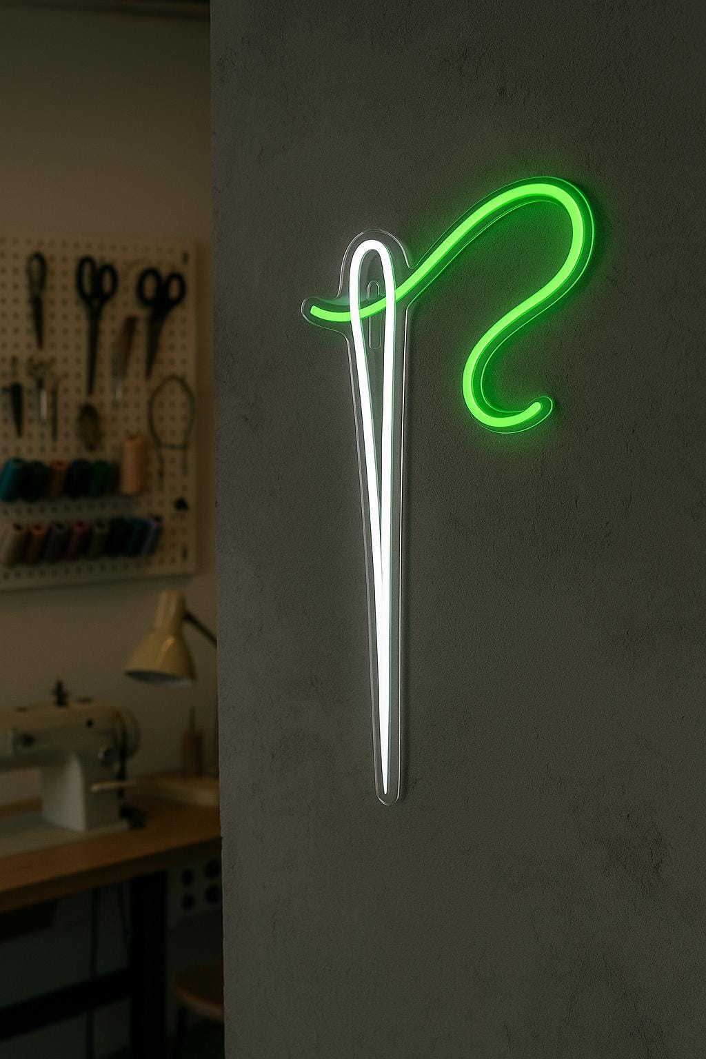 Neon Decor Sewing Studio. Needle and Thread LED Decor. Tailor Studio Neon Sign.