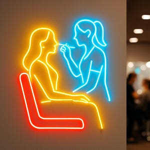 Op de afbeelding: Neonbord met een schoonheidsbehandeling. Het bord toont twee figuren: een zittend op een stoel, de ander brengt make-up aan. De zittende figuur is geel omlijnd, de visagist blauw en de stoel rood. Het bord is op een neutrale muur gemonteerd.